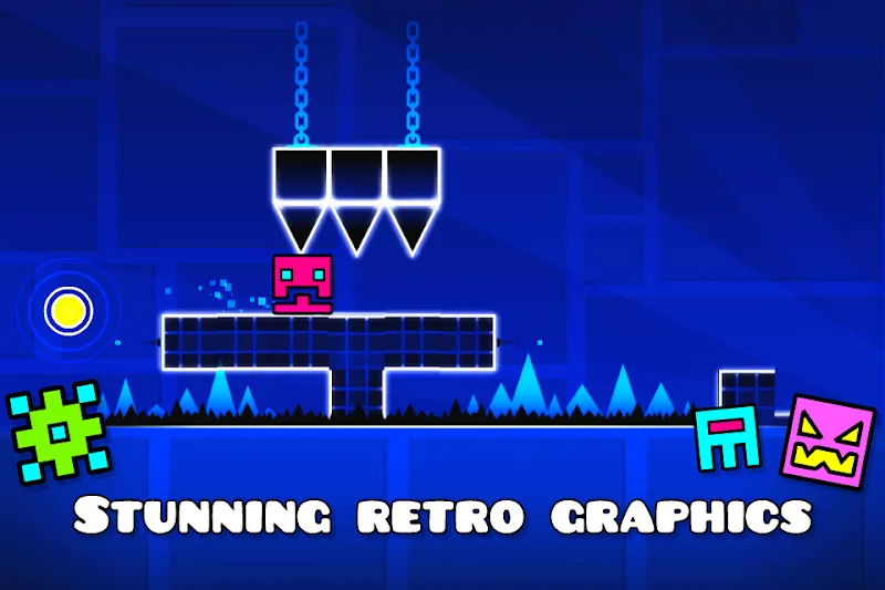 Geometry Dash Lite level with chained spikes and the text Stunning retro graphics