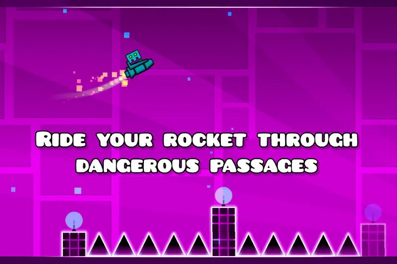 Geometry Dash Lite ship mode flying over spikes on a purple level
