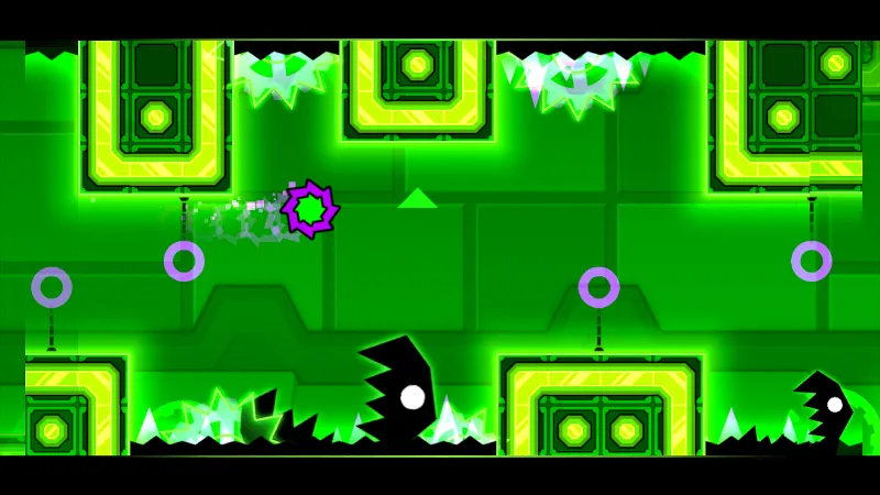 Geometry Dash Meltdown green level with dark monsters and orbs