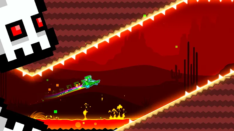 Geometry Dash SubZero ship flying through a red diagonal corridor