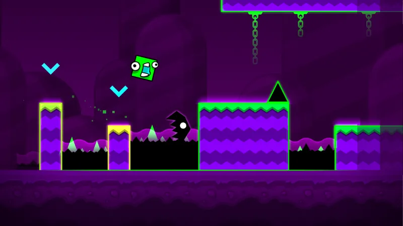 Geometry Dash World purple level with green blocks and spikes