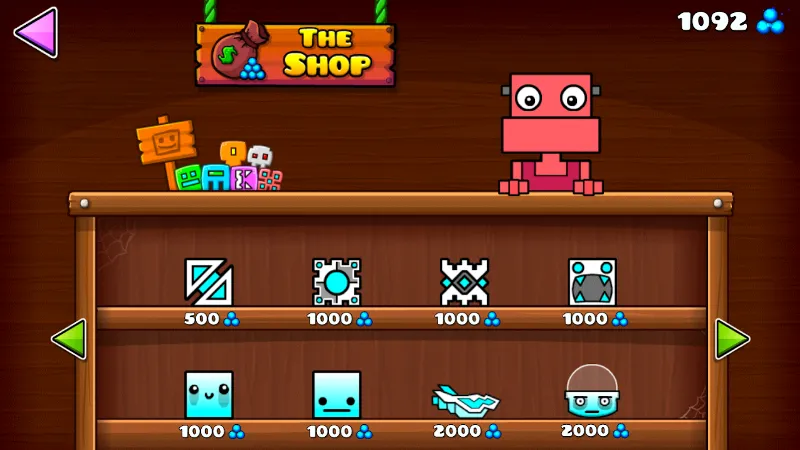 Geometry Dash World shop with icons for sale and a shopkeeper