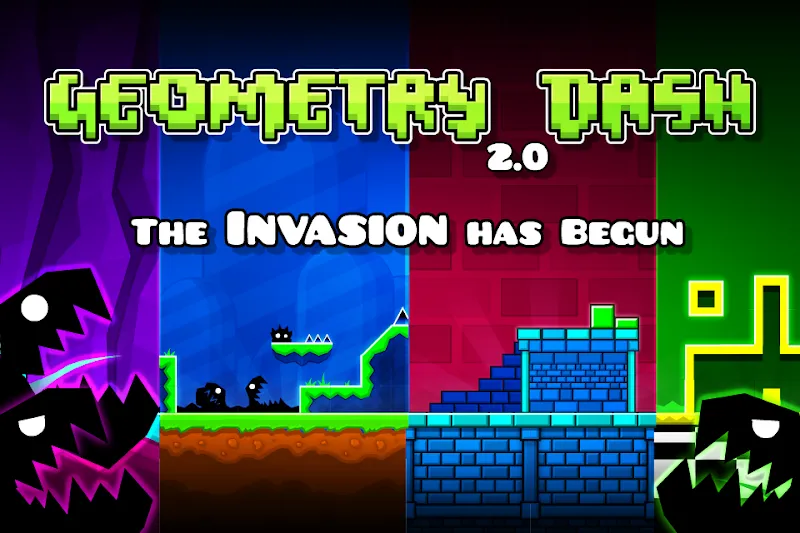 Geometry Dash 2.0 promotional art with the text The invasion has begun
