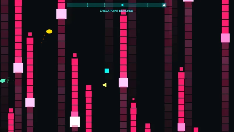 Just Shapes and Beats level with pink pillars moving up and down