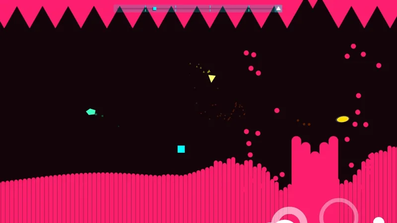 Just Shapes and Beats level with a pink spike ceiling and rising sound wave
